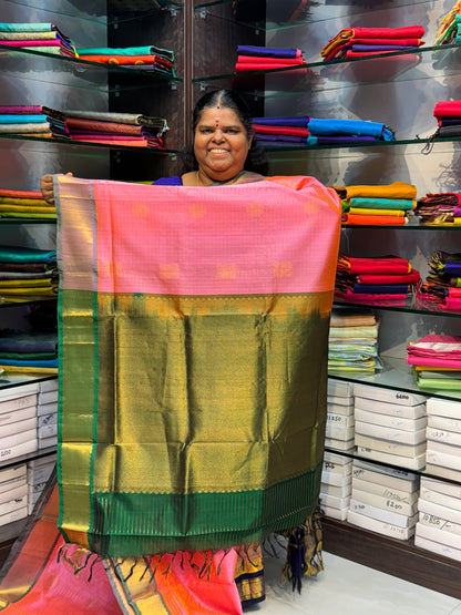 Pure Silk Cotton Saree - Mayil & Chakkaram Design - Peach with Green Combo - VVMC002