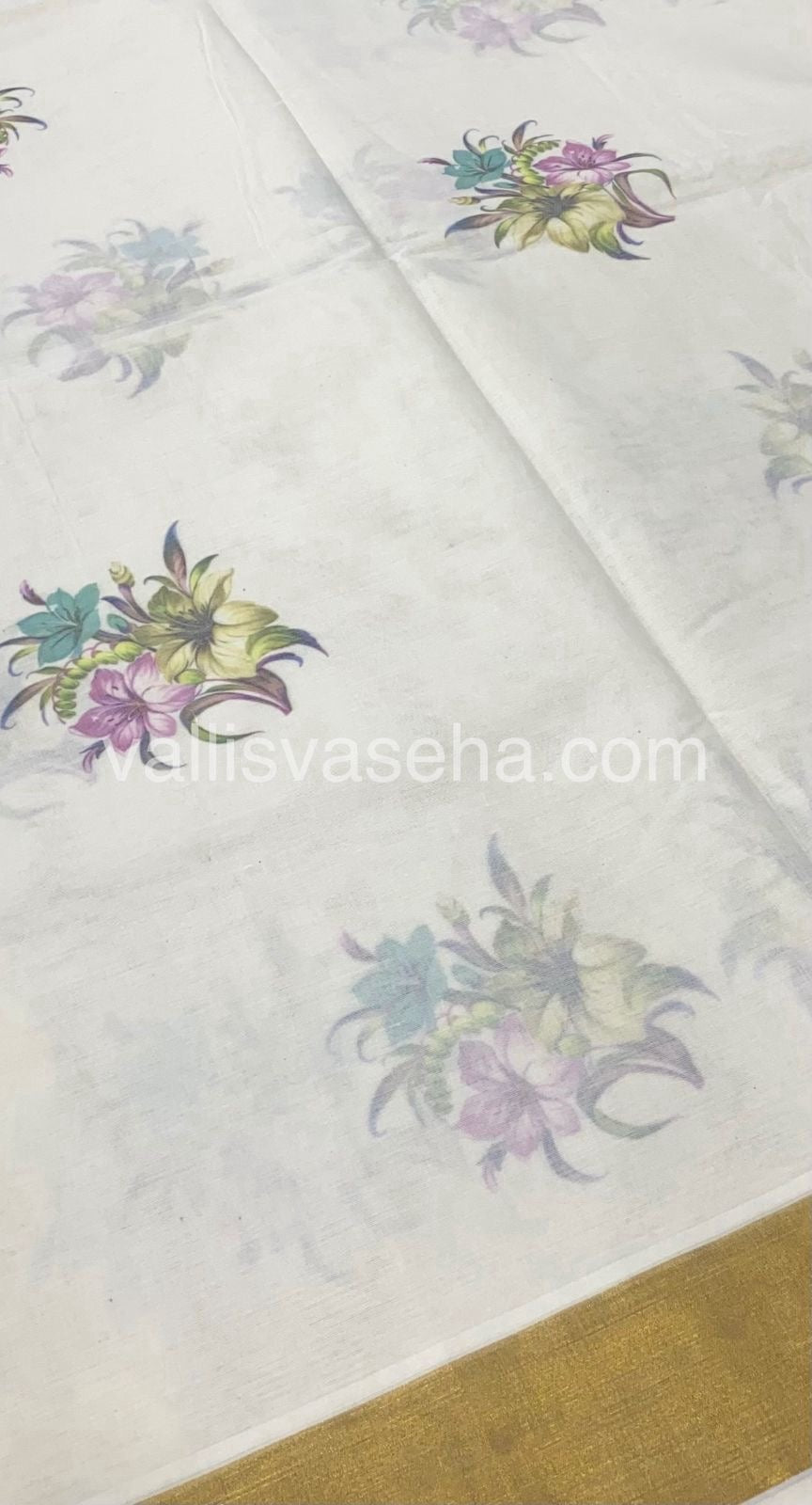 Kerala Cotton Saree - Cream With Golden Border - VVKCS001