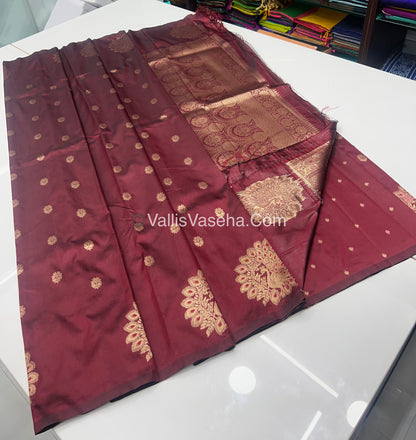 Semi Soft Silk - Peacock Butta Border - Maroon Shade -VVSSS011