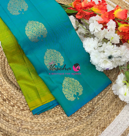 Pure Kanchipuram Silk Saree - Half & Half - Lemon Green with Turquoise Blue Shade - VVPS064