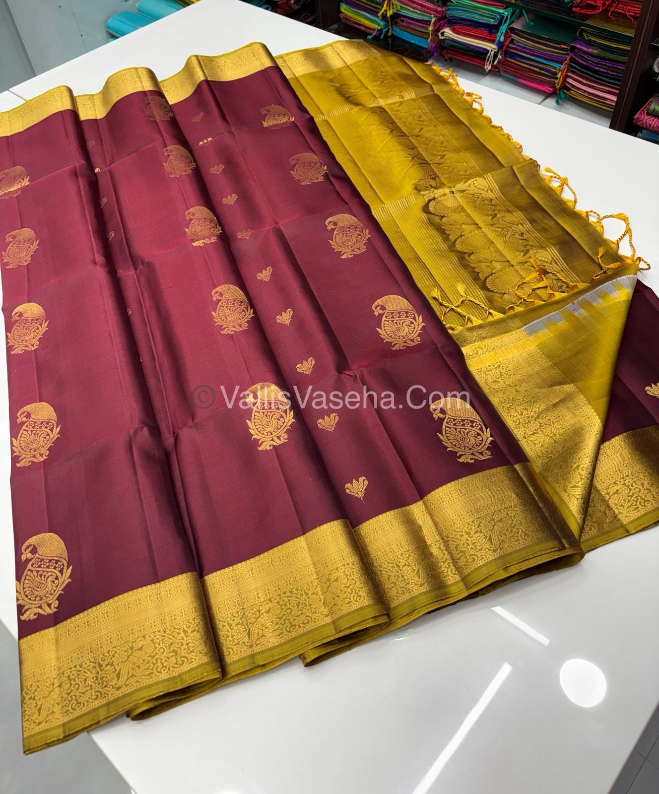 Pure Soft Silk Saree - Kanchi Border - Maroon & Yellow Combo - VVPSS046