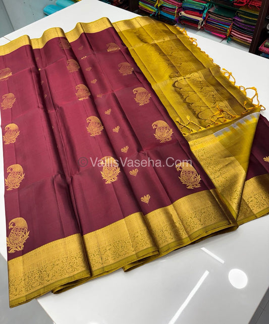 Pure Soft Silk Saree - Kanchi Border - Maroon & Yellow Combo - VVPSS046