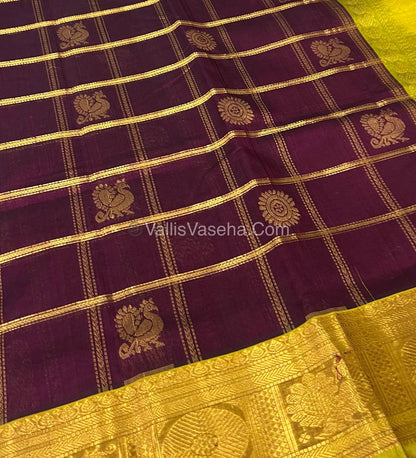Pure Silk Cotton Saree - Mayil & Chakkaram Design - Meroon With Yellow Combo -VVMC003