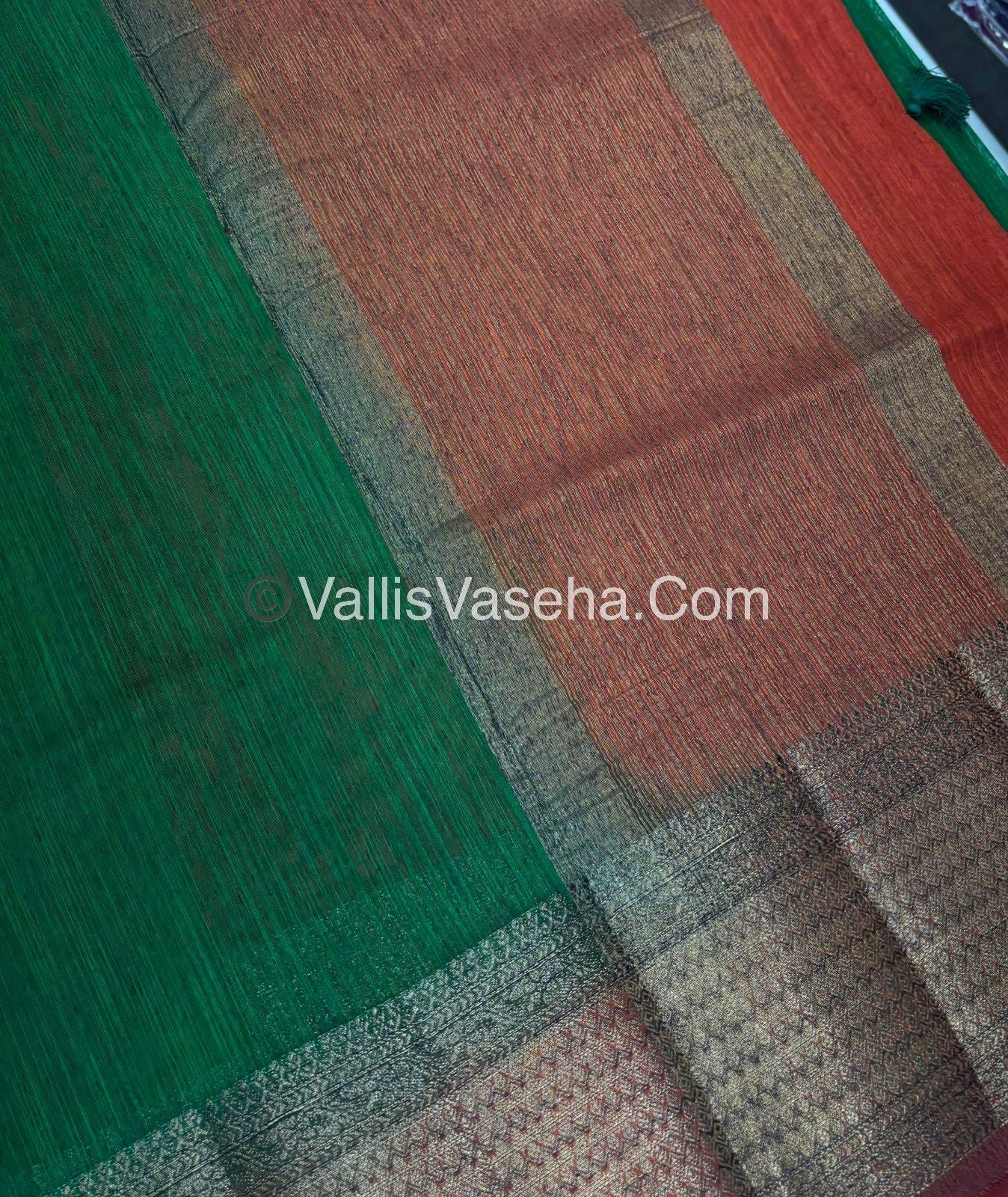 Bamboo Silk Saree - Green With Orange Shade - VVBSS003