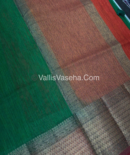 Bamboo Silk Saree - Green With Orange Shade - VVBSS003