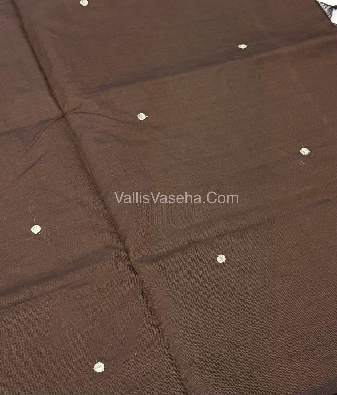 Poly Silk Mixed Cotton - Mirror Work Embroidery - Brown with Green - VVPCM001