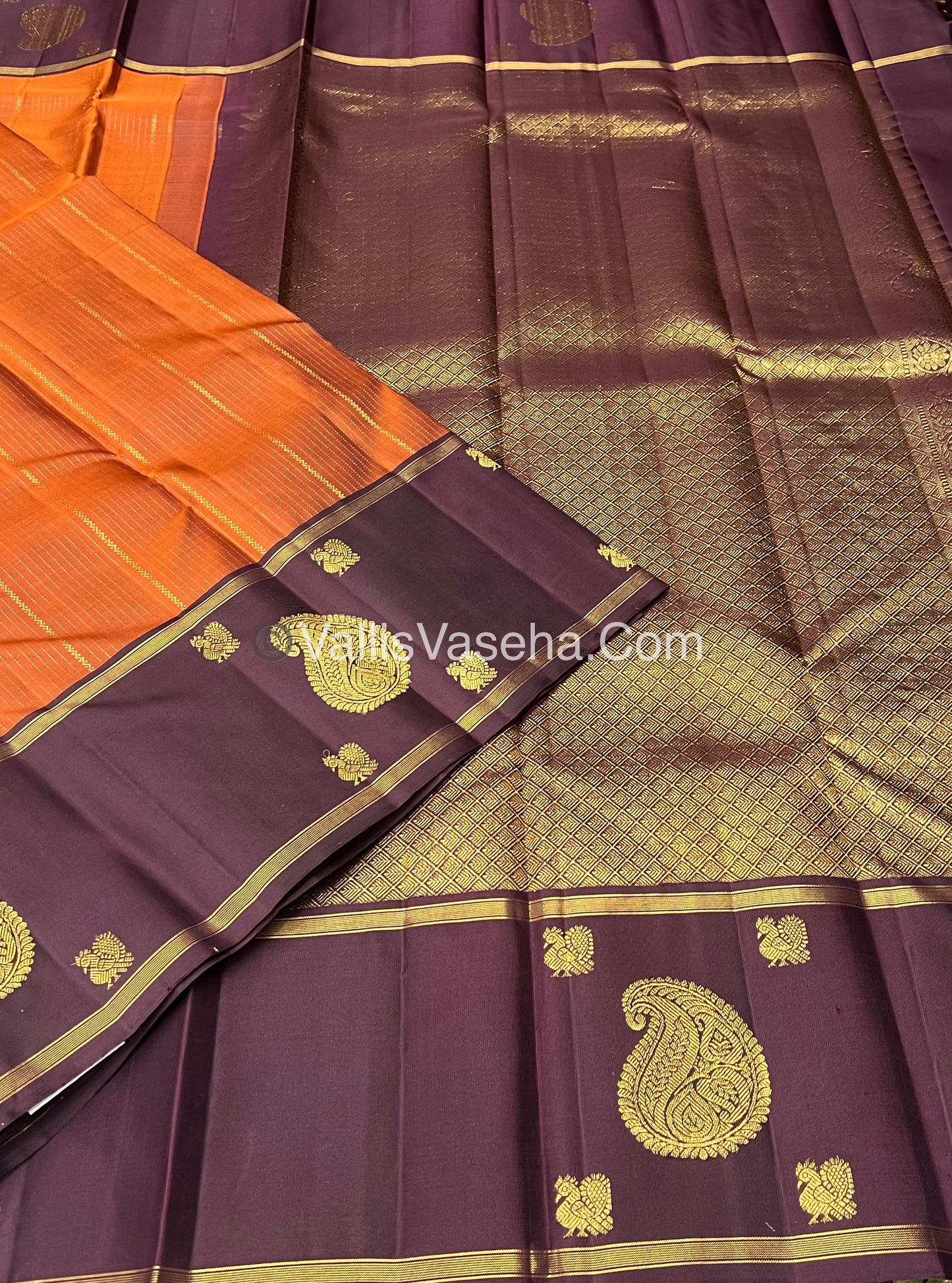 Pure Kanchipuram Silk Saree - Rust Orange With Wine Brown Shade  - VVPS022