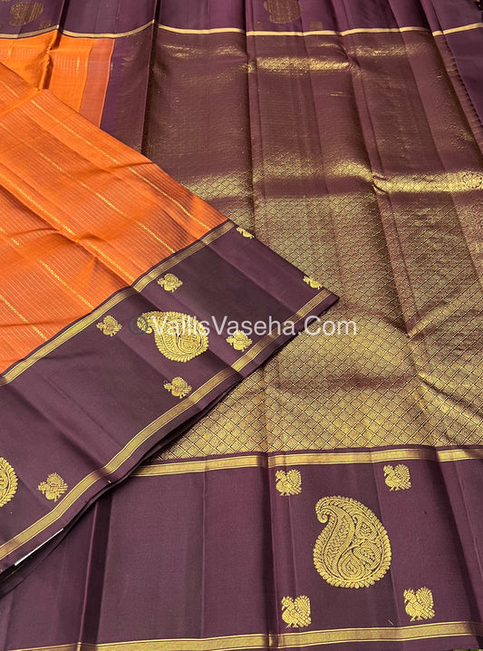 Pure Kanchipuram Silk Saree - Rust Orange With Wine Brown Shade  - VVPS022