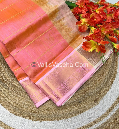 Pure Silk Cotton Saree - Mayil & Chakkaram Design - Peach With Cream - VVMC001