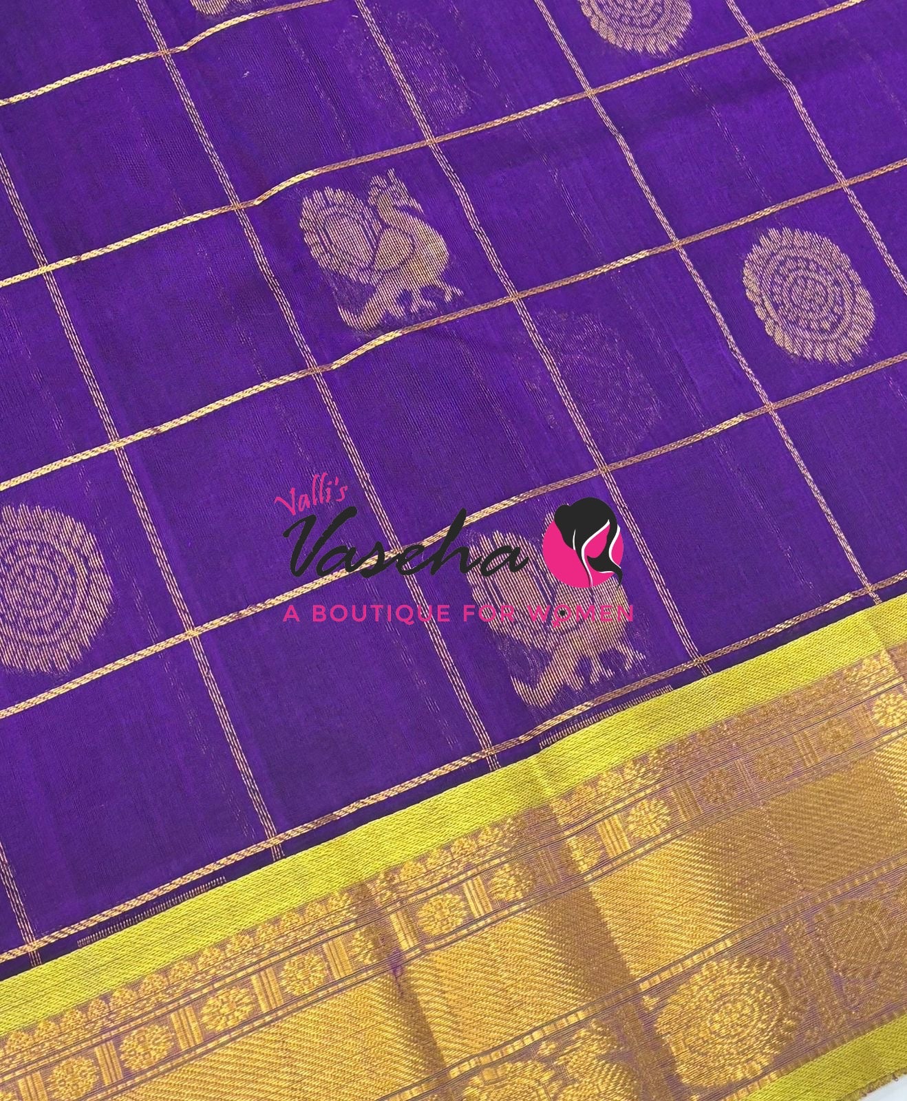 Pure Silk Cotton Saree - Mayil & Chakkaram Design - Purple With Yellow Shade - VVMC001