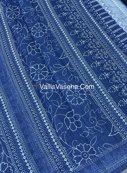 Linen Mixed Cotton Saree - Indigo Blue - Printed - VVLMP001