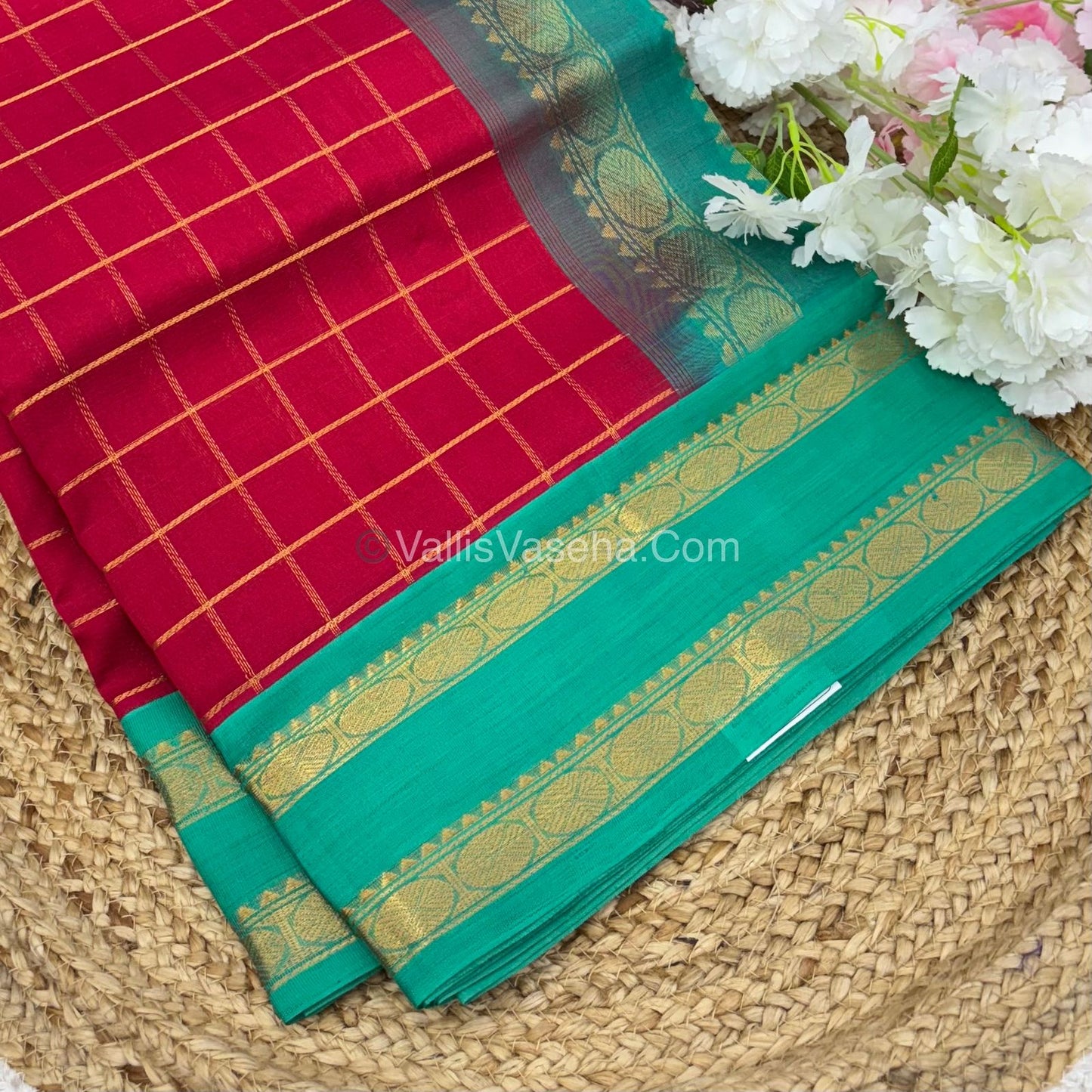 Pure Korvai Silk Cotton Saree - Red With Blue - VVKSC020
