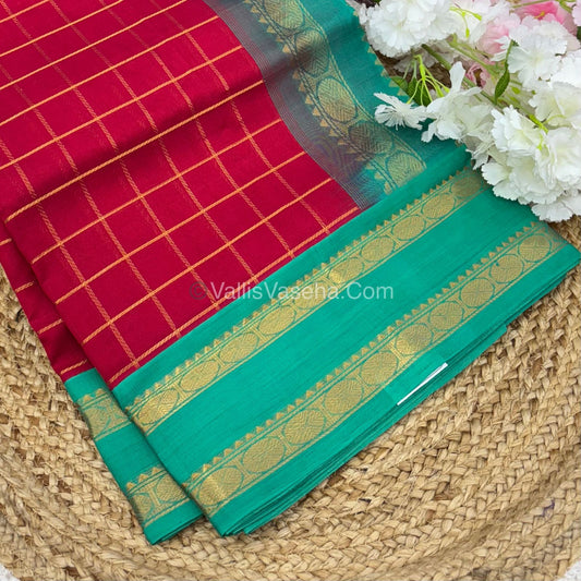 Pure Korvai Silk Cotton Saree - Red With Blue - VVKSC020