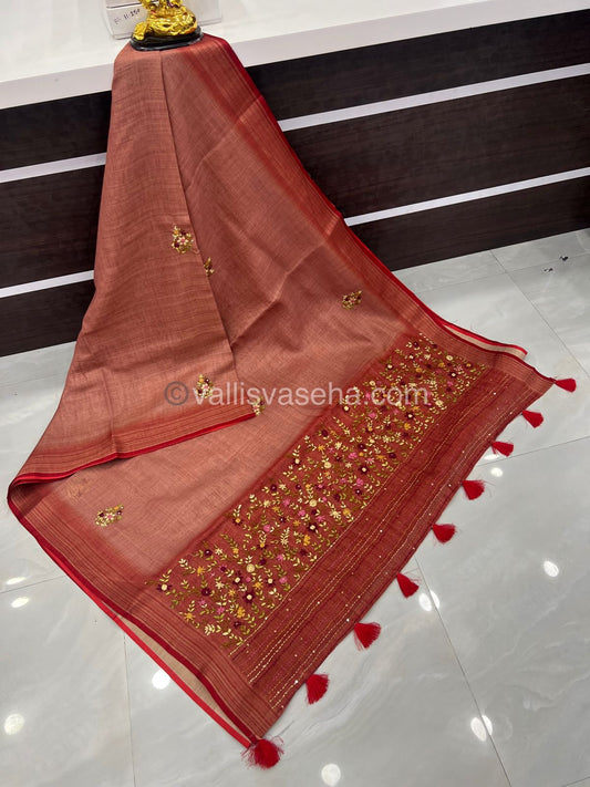 French Knot - Tissue Saree - Rust Mixed Onion Pink Shade - VVLFN002