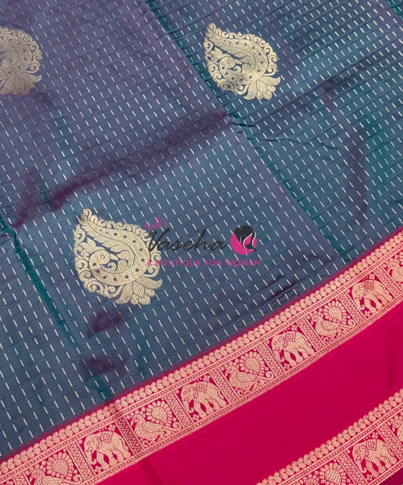 Semi Soft Silk - Greyish Blue With Pink - VVSSS036