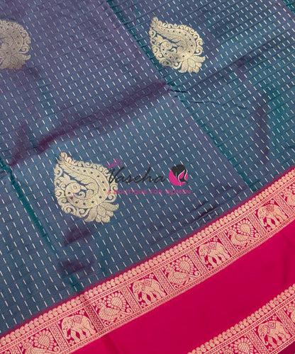 Semi Soft Silk - Greyish Blue With Pink - VVSSS036