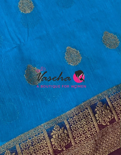 Semi Jute Silk Saree - Blue With Yellow Shade- VVSJS002