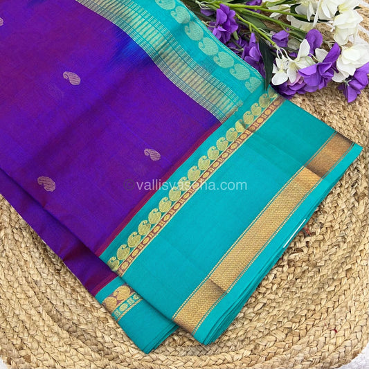 Pure Korvai Silk Cotton Saree - Purple with Teal Bluish green - Retta Petta border - VVKSC004