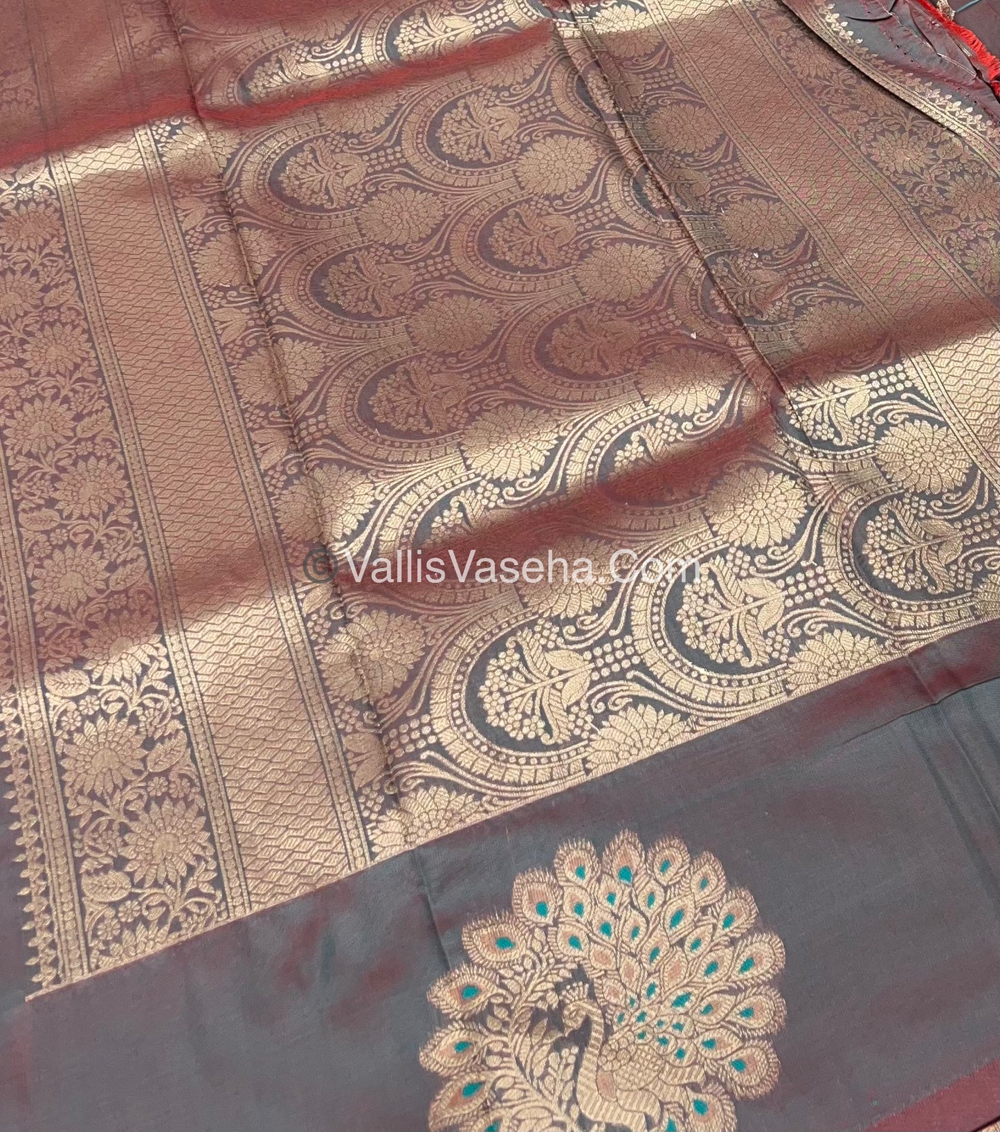 Semi Soft Silk - Peacock Butta Border - Greenish Grey Shade -VVSSS011