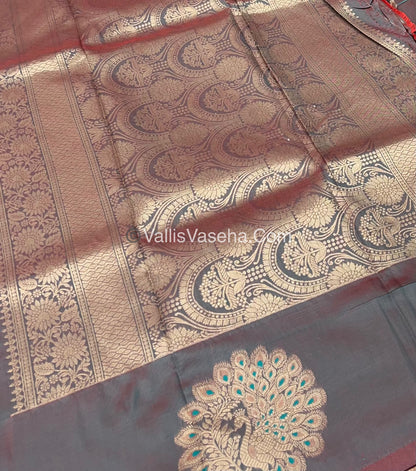 Semi Soft Silk - Peacock Butta Border - Greenish Grey Shade -VVSSS011