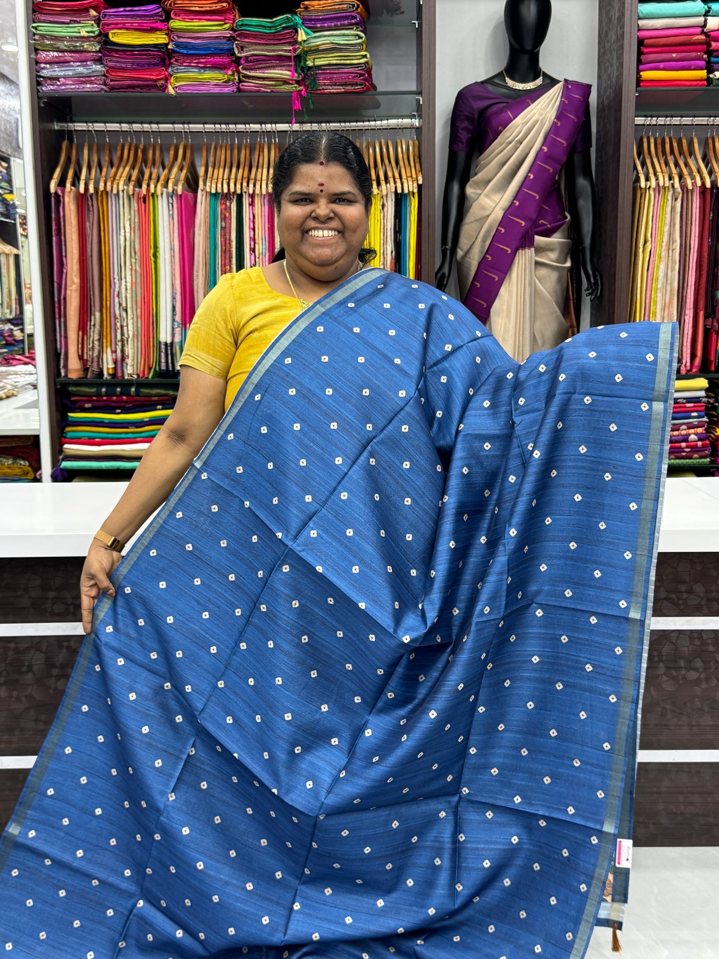 Semi Matka Tussar Silk Saree - Tie & Dye pattern - Blue Shade - VVSMT001