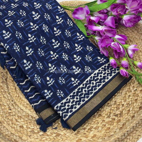 Semi Maheshwari Mixed Cotton Saree - Linen Feel - Indigo Blue & Black - VVMSC003