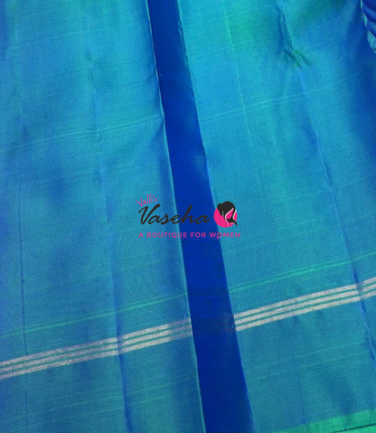 Pure Kanchipuram Silk Saree - Peach With Peacock Blue Combo - VVPS021