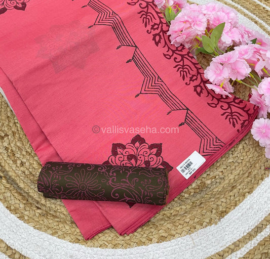 Poly Silk Mixed Printed Cotton -Peach With Chocolate - VVPCP002