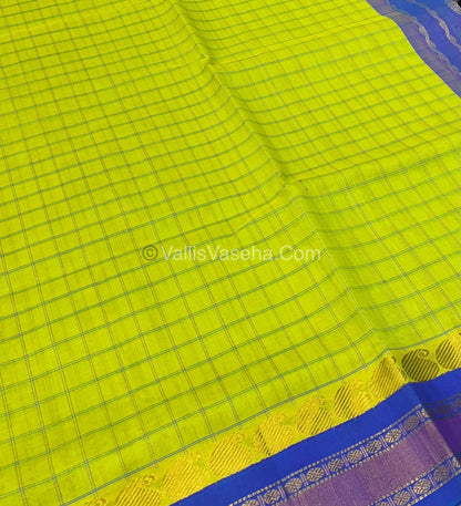 Pure Korvai Silk Cotton - Pista Green with Blue - Checks Pattern - VVKSC008
