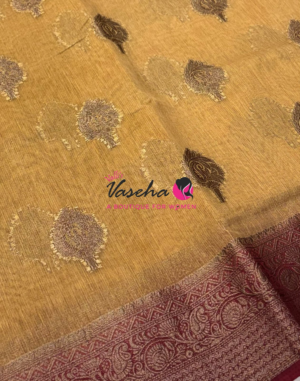 Bamboo Silk Saree - Cream With Maroon  - VVBSS019