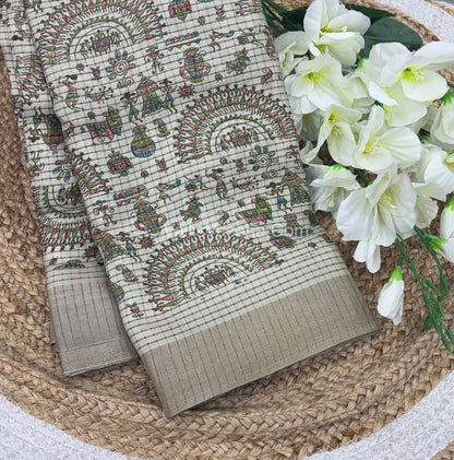 Light Weight Fancy Mixed Kota Cotton - Varli Design Printed Saree - Cream Shade - VVKPC001