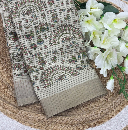 Light Weight Fancy Mixed Kota Cotton - Varli Design Printed Saree - Cream Shade - VVKPC001