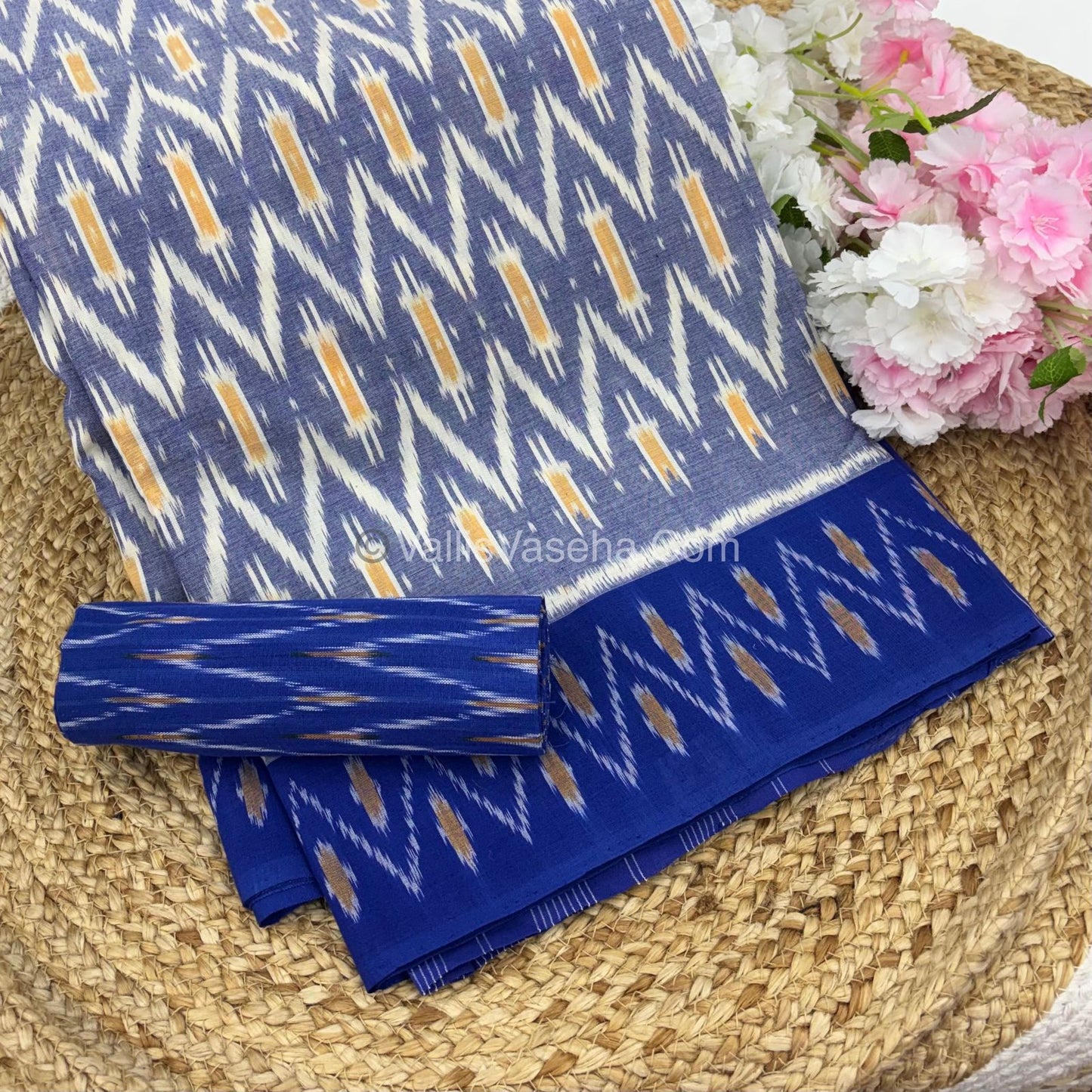 Double Ikkat Pure Cotton Saree - Grey  With Blue  - VVIKS002