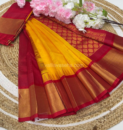 Pure Korvai Silk Cotton Saree - Yellow with Red Combo - Temple border - VVKSC001