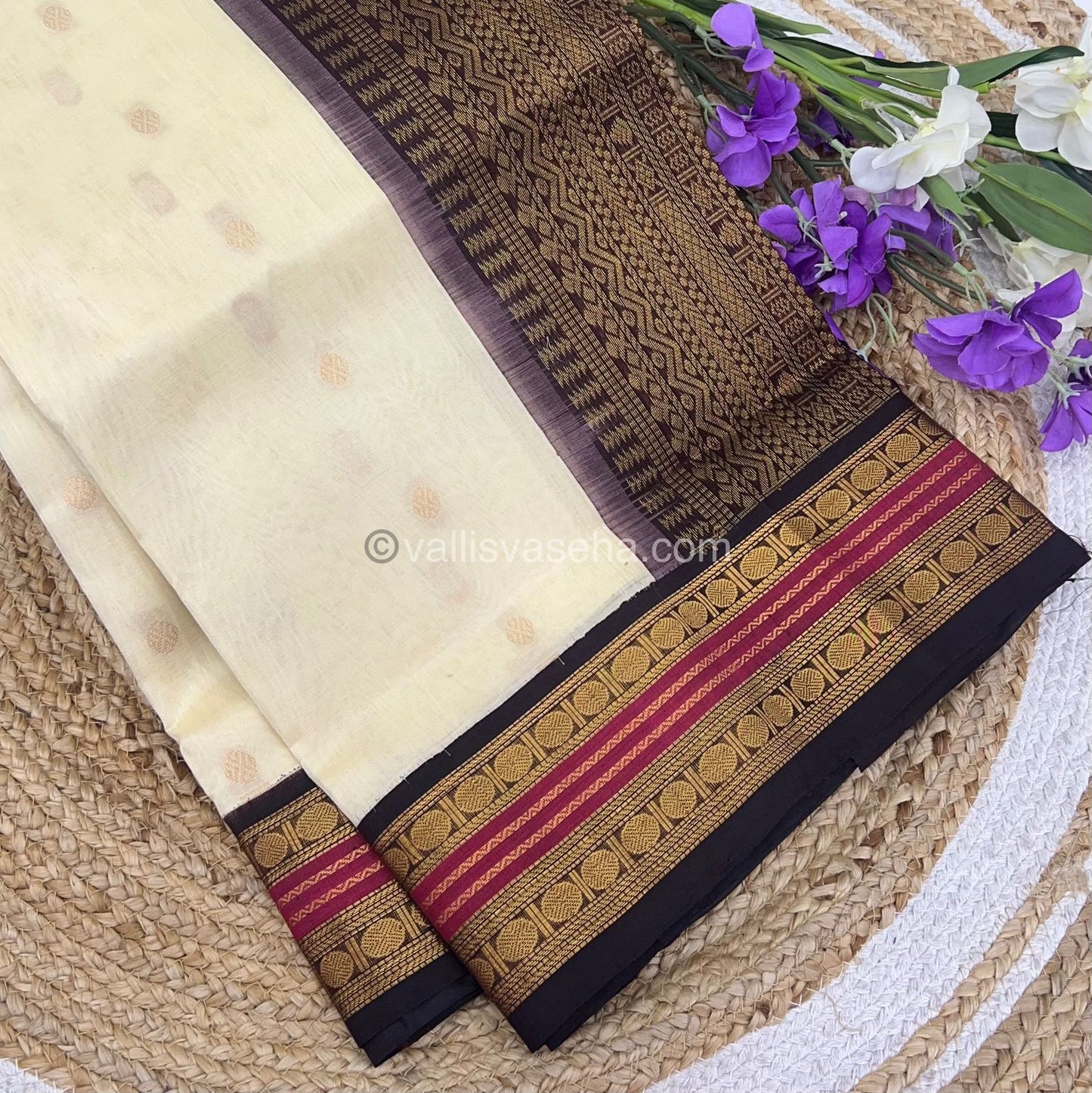 Pure Korvai Silk Cotton Saree - Off White with Brown Shade - VVKSC004