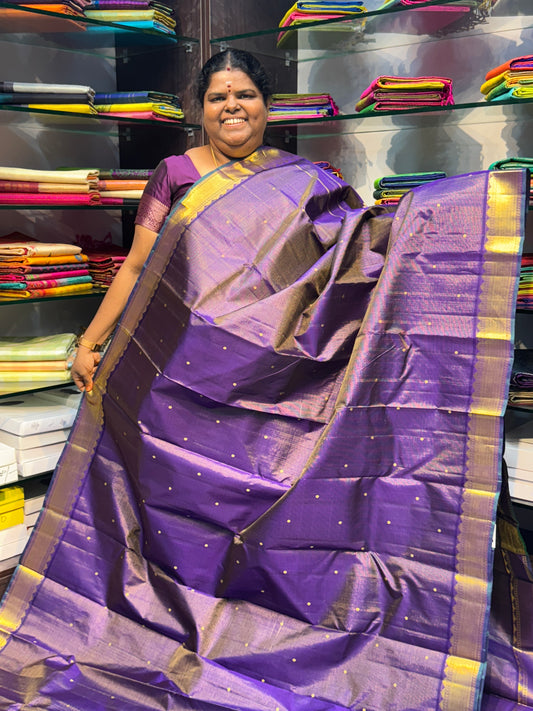 Pure Kanchipuram Silk Saree - Vaira Voosi Design - Border Less - Dark Purple with Pink Combo - VVPS006