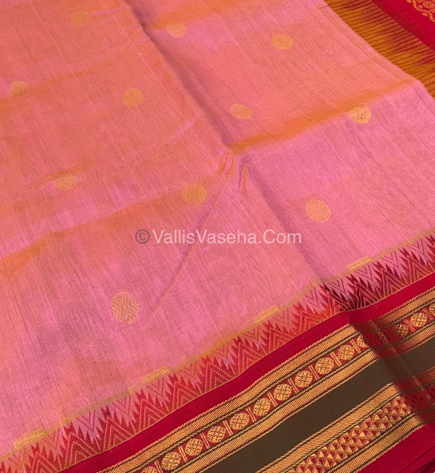 Pure Korvai Silk Cotton - Checks Pattern - Peach  with Red Shade  - VVKSC015