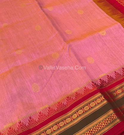 Pure Korvai Silk Cotton - Checks Pattern - Peach  with Red Shade  - VVKSC015