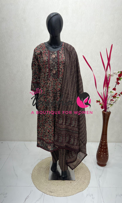 Ready Made | Anarkali - Kalamkari Print |Salwar, Kameez & Duppatta(3pc)|Cotton |Wine - VVAS008