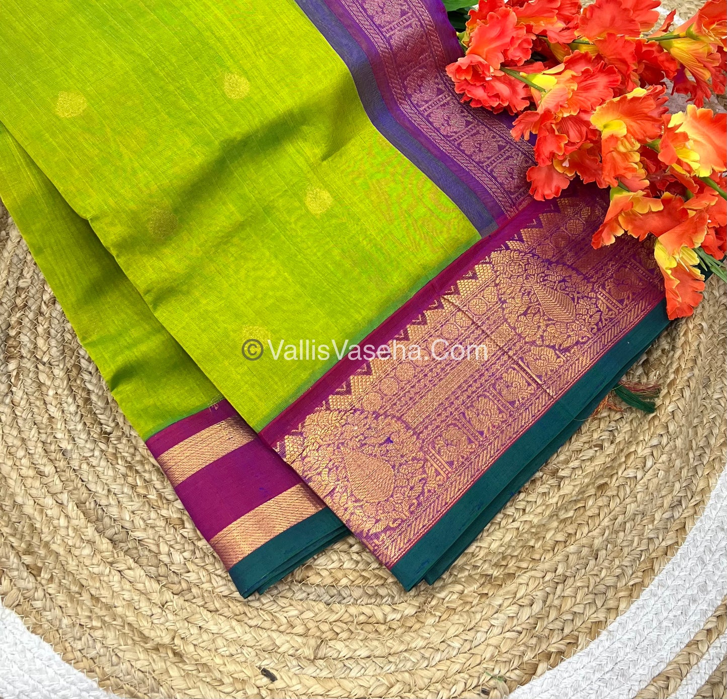 Pure Korvai Silk Cotton Saree - Sneha Green with Purplish Pink  - VVKSC019