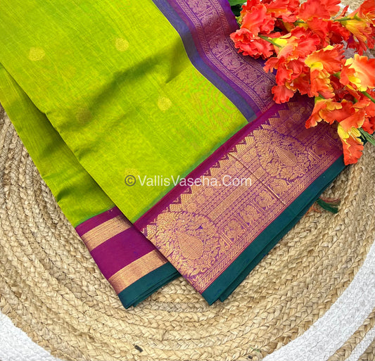 Pure Korvai Silk Cotton Saree - Sneha Green with Purplish Pink  - VVKSC019