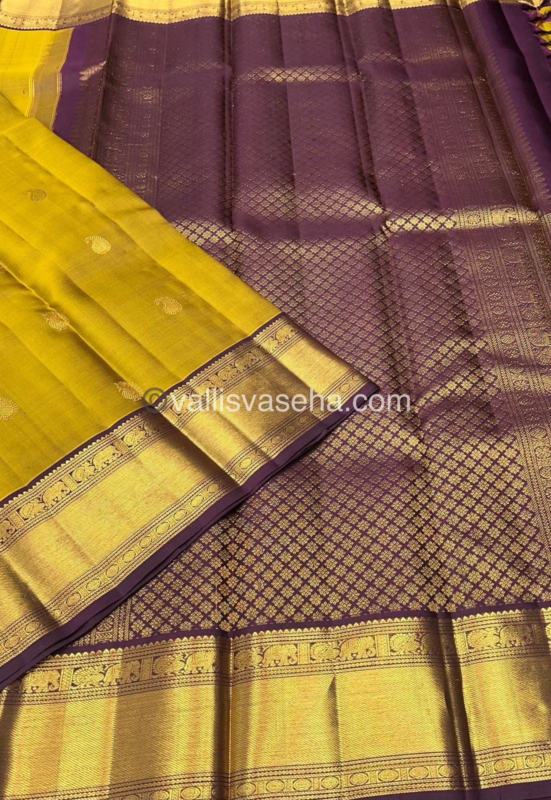 Pure Kanchipuram Silk Saree - Mustard Green & Wine Brown Shade  - VVPS022