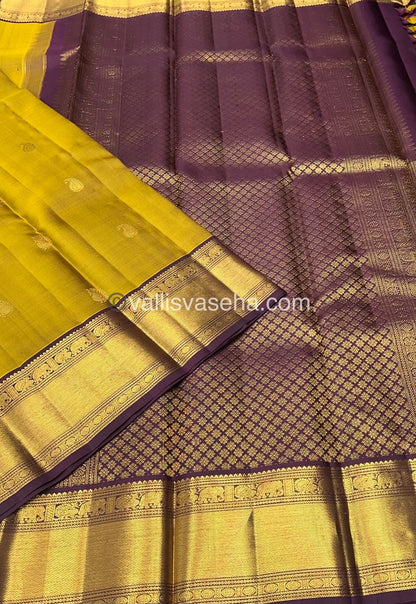 Pure Kanchipuram Silk Saree - Mustard Green & Wine Brown Shade  - VVPS022