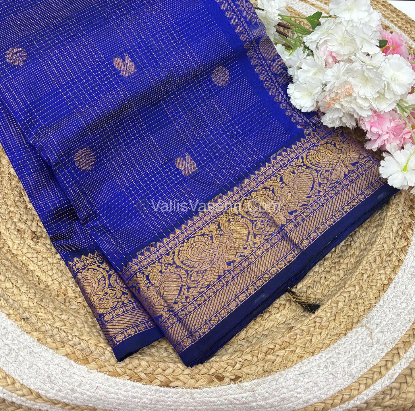Pure Silk Cotton Saree - Vairavoosi checks - Mayil & Chakkaram - Blue Shade - VVMCV001