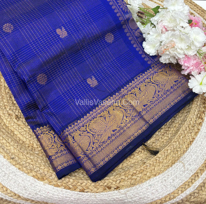Pure Silk Cotton Saree - Vairavoosi checks - Mayil & Chakkaram - Blue Shade - VVMCV001