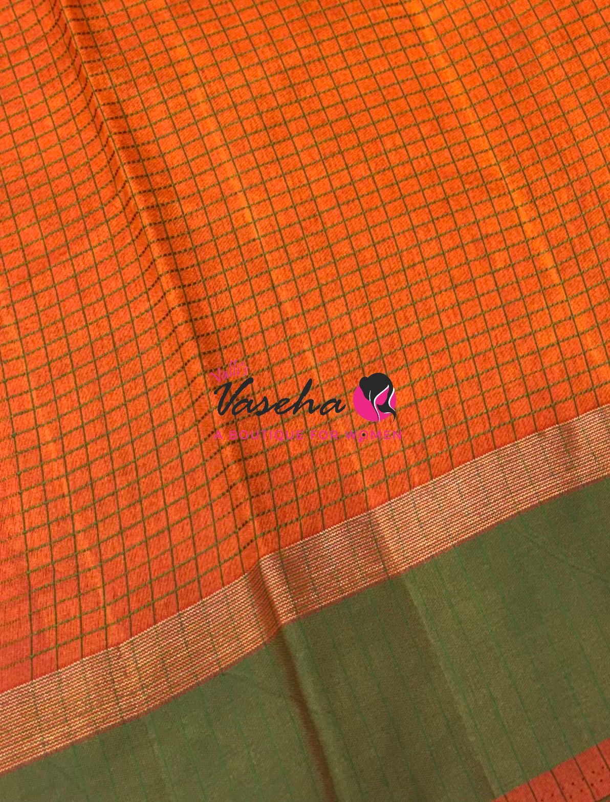 Semi Silk Saree - Thread Work Weaving - Orange With Green - VVSSS0038