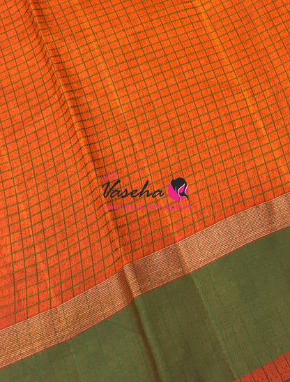 Semi Silk Saree - Thread Work Weaving - Orange With Green - VVSSS0038