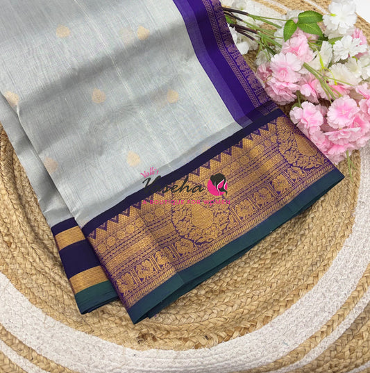 Pure Korvai Silk Cotton Saree - Grey  With Violet - VVKSC019