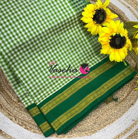 Pure Korvai Silk Cotton - Podi Kattam -White & Green with Green - Retta Petta Border - VVKSC003