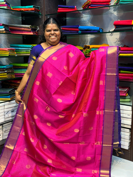 Pure Silk Cotton Saree - Mayil & Chakkaram Design - Pink with Blue Combo - VVMC002